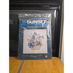 Sunset Garden Flowers Counted Cross Stitch Kit Basket Summer 1986 Vintage D38